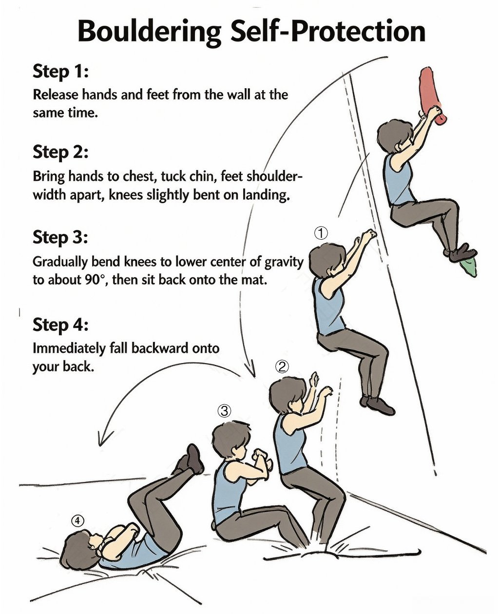 Bouldering self-protection: four-step safe falling technique